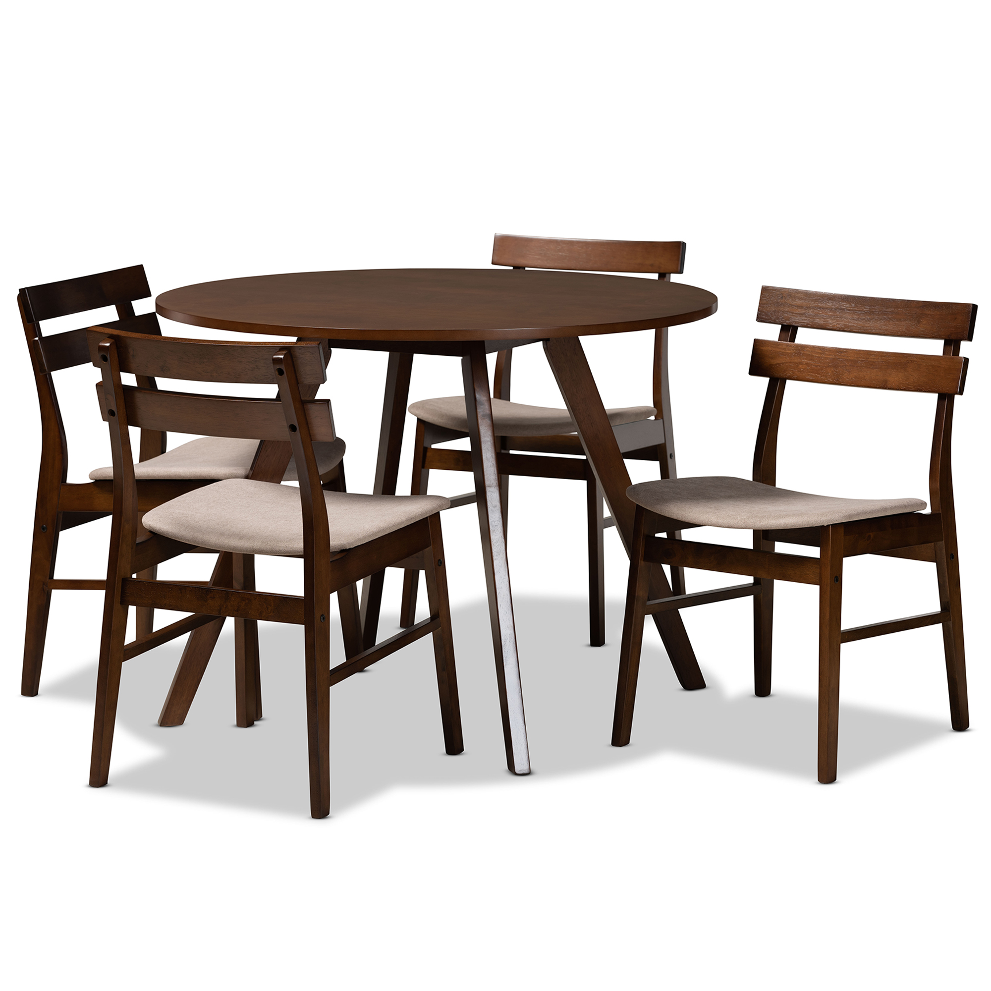 Baxton Studio Eiko Mid-Century Modern Transitional Light Beige Fabric Upholstered and Walnut Brown Finished Wood 5-Piece Dining Set